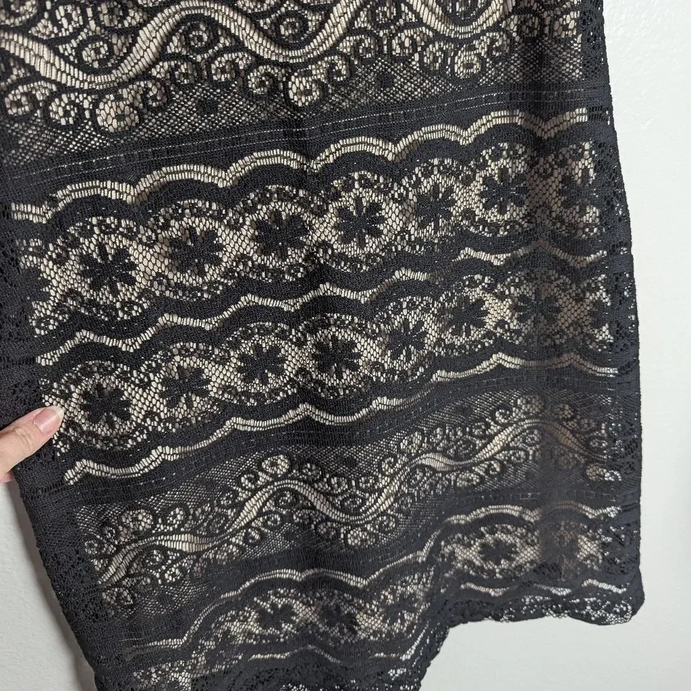 Vintage 90s Poetry Black & Nude Lace Crochet Overlay Slip Mini Dress Juniors M